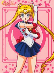 Rule 34 | 1990s (style), 1girl, back bow, bishoujo senshi sailor moon, bishoujo senshi sailor moon (first season), blonde hair, blue eyes, blue skirt, bow, copyright name, copyright notice, crescent, crescent earrings, double bun, earrings, elbow gloves, gloves, hair bun, highres, jewelry, leotard, long hair, looking at viewer, miniskirt, not for sale, official art, open mouth, pink background, pleated skirt, retro artstyle, sailor moon, sailor senshi, skirt, solo, tiara, tsukino usagi, twintails, very long hair