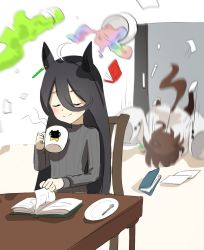 Rule 34 | 2girls, afterimage, agnes tachyon (umamusume), ahoge, alternate costume, animal ears, black hair, black sweater, book, brown hair, chair, closed eyes, coffee cup, commentary, cup, disposable cup, ear piercing, hair between eyes, highres, holding, holding cup, horse ears, horse girl, horse tail, lab coat, long bangs, long hair, long sleeves, manhattan cafe (umamusume), multiple girls, piercing, plate, ribbed sweater, short hair, sitting, sleeves past fingers, sleeves past wrists, spilling, sweater, tail, takuan (taku1219oekaki), test tube, tripping, umamusume, white hair, yellow eyes