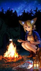Rule 34 | 1girl, animal ears, ankle boots, bad id, bad pixiv id, blonde hair, blue eyes, boots, campfire, cross-laced footwear, fire, food, fox ears, highres, jacket, lace-up boots, lantern, marshmallow, nashigaya koyomi, night, night sky, original, outdoors, short hair, sky, smile, solo, squatting, star (sky), starry sky
