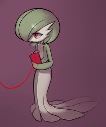 Rule 34 | 1girl, bob cut, closed mouth, colored skin, creatures (company), female focus, flat chest, full body, game freak, gardevoir, gen 3 pokemon, green hair, green skin, hair over one eye, half-closed eyes, hands up, happy, leash, lotosu, multicolored skin, nintendo, pokemon, pokemon (creature), purple background, red eyes, short hair, simple background, smile, solo, standing, string, string of fate, two-tone skin, white skin