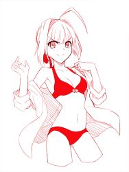 Rule 34 | 10s, 1girl, ahoge, bikini, breasts, cleavage, cropped legs, fate/extra, fate (series), jacket, jacket over swimsuit, navel, nero claudius (fate), nero claudius (fate) (all), nero claudius (fate/extra), partially undressed, red bikini, skylader, smile, solo, swimsuit, white background