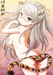 Rule 34 | 1girl, animal ears, animal print, blush, breasts, brown eyes, conte di cavour (kancolle), cowboy shot, fuji (pixiv24804665), hair between eyes, happy new year, highres, kantai collection, large breasts, long hair, new year, open mouth, silver hair, solo, tail, tiger ears, tiger print, tiger tail