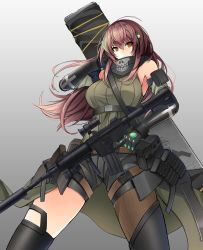 Rule 34 | 1girl, arm strap, armor, armpits, assault rifle, asymmetrical legwear, bad id, bad pixiv id, bandana, brown eyes, brown hair, case, closed mouth, clothes around waist, collarbone, commentary request, detached sleeves, elbow pads, floating hair, gauntlets, girls&#039; frontline, gloves, gun, hair between eyes, hand in own hair, headset, highres, holding, holding gun, holding weapon, jacket, jacket around waist, long hair, m4 carbine, m4a1 (girls&#039; frontline), m4a1 (mod3) (girls&#039; frontline), magazine (weapon), mod3 (girls&#039; frontline), multicolored hair, pigat, pouch, revision, ribbed legwear, ribbed sweater, rifle, scope, sidelocks, simple background, skindentation, solo, strap, streaked hair, sweater, sweater vest, thigh strap, thighs, two-tone hair, uneven legwear, weapon, weapon case, white background, wind, wind lift