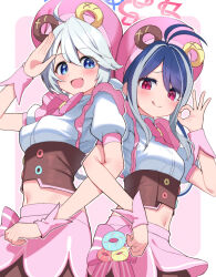 Rule 34 | 2girls, antenna hair, blue archive, blue eyes, blue hair, blush, braid, closed mouth, fubuki (blue archive), grey hair, hat, kirino (blue archive), long hair, looking at viewer, multicolored hair, multiple girls, navel, official alternate costume, open mouth, pink headwear, pink skirt, puffy short sleeves, puffy sleeves, red eyes, shirt, short sleeves, skirt, smile, tongue, tongue out, twin braids, twintails, ushimittsu, white shirt