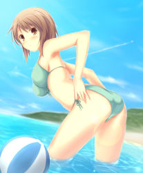 Rule 34 | 1girl, 47agdragon, adjusting clothes, adjusting swimsuit, ass, bad id, bad nicoseiga id, ball, beachball, bikini, blue sky, blush, breasts, brown eyes, brown hair, colorized, contrail, day, front-tie top, highres, ichiroku, leaning forward, lens flare, looking at viewer, looking back, medium breasts, original, side-tie bikini bottom, sky, solo, swimsuit, wading, water