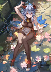 Rule 34 | 1girl, :o, arm up, bare arms, bare shoulders, bell, blue hair, bodystocking, breasts, chinese knot, commentary, cowbell, crack, cracked floor, flower, flower knot, full body, ganyu (genshin impact), genshin impact, goat horns, gold trim, hand on ground, highres, horns, knees together feet apart, large breasts, lily pad, long hair, looking at viewer, neck bell, on ground, open mouth, petals, pink flower, purple eyes, sideboob, sitting, solo, vale-x, white footwear