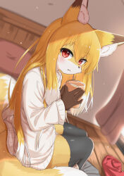 Rule 34 | 1girl, :3, animal ear fluff, animal ears, animal nose, black thighhighs, blurry, blurry background, blush, body fur, bottomless, brown fur, closed mouth, cup, curtains, drink, dutch angle, fang, fang out, female focus, fox ears, fox girl, fox tail, from behind, furry, furry female, grey skirt, hair between eyes, hands up, happy, highres, holding, holding cup, holding drink, horokusa (korai), indoors, legs together, long sleeves, looking at viewer, looking back, multicolored fur, multiple tails, on bed, original, pillow, red eyes, red scarf, scarf, unworn scarf, sitting, skirt, unworn skirt, smile, snout, solo, sweater, tail, thighhighs, thighs, two tails, white fur, white sweater, yellow fur, zettai ryouiki