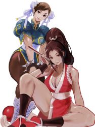 Rule 34 | 2girls, boots, bracelet, breasts, brown eyes, brown hair, bun cover, capcom, china dress, chinese clothes, chun-li, double bun, dress, gold trim, hair bun, hand fan, highres, jewelry, looking at viewer, medium breasts, meke (77842928), multiple girls, ninja, on ground, pantyhose, pelvic curtain, ponytail, rope, shiranui mai, smile, spiked bracelet, spikes, street fighter, the king of fighters, thighs, white background, white footwear