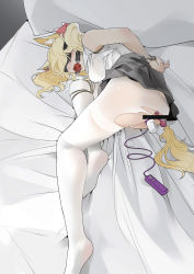 Rule 34 | 1girl, anal, anal beads, anal object insertion, anal tail, animal ear fluff, animal ears, arknights, arms behind back, ball gag, bar censor, bdsm, bed, bed sheet, black blindfold, black skirt, blindfold, blonde hair, bondage, bound, bound wrists, bow, butt plug, censored, fake tail, gag, gagged, hair bow, hair ribbon, highres, lying, object insertion, on side, pantyhose, pillow, red bow, red ribbon, ribbon, saliva, sex toy, shinnasuka025, shirt, skirt, solo, sora (arknights), tail, torn clothes, torn pantyhose, vaginal, vaginal object insertion, vibrator, white pantyhose, white shirt, wiffle gag, wolf ears