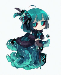 Rule 34 | 1boy, 21 ke, :|, ahoge, aqua eyes, aqua hair, aqua skin, black gloves, black headwear, blue capelet, blue ribbon, blunt bangs, cane, capelet, chibi, chinese commentary, closed mouth, colored eyelashes, colored sclera, colored skin, dice hair ornament, elbow gloves, feather hair ornament, feathers, full body, fur-trimmed capelet, fur collar, fur trim, gloves, hair ornament, holding, holding cane, looking at viewer, male focus, monster boy, multicolored skin, octopus boy, original, red pupils, red sclera, ribbon, short hair, simple background, solo, suction cups, tentacles, white background