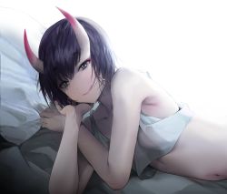 Rule 34 | 1girl, :q, arm support, bad id, bad pixiv id, bare arms, bare shoulders, bed sheet, black eyes, black hair, breasts, closed mouth, collarbone, eyeshadow, fate/grand order, fate (series), highres, horns, looking at viewer, lying, makeup, navel, on side, pillow, short hair, shuten douji (fate), skin-covered horns, sleeveless, small breasts, smile, solo, stomach, tank top, tongue, tongue out, upper body, uthy