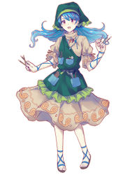 Rule 34 | 1girl, apron, arm ribbon, belt, between fingers, blue hair, blue ribbon, bow, brown footwear, brush, dress, flower, green apron, green belt, green bow, green headwear, green scarf, hair between eyes, hands up, haniyasushin keiki, highres, holding, jewelry, leaf, leg ribbon, long hair, looking to the side, magatama, magatama necklace, necklace, open mouth, pink eyes, pocket, puffy short sleeves, puffy sleeves, ribbon, sandals, scarf, short sleeves, simple background, smile, solo, standing, touhou, uranaishi (miraura), white background, white flower, yellow dress, yellow sleeves