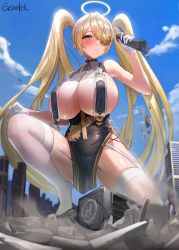 Rule 34 | 1girl, absurdres, amebi, arm up, armpits, azur lane, black dress, blonde hair, breast curtains, breasts, building, city, cleavage, commission, cosplay, dress, garter straps, giant, giantess, gloves, hair ornament, halo, highres, holding, huge breasts, long hair, looking at viewer, no shoes, official alternate costume, one eye covered, on one knee, original, pelvic curtain, revealing clothes, short dress, sirius (azur lane), sirius (azur lane) (cosplay), sirius (azure horizons) (azur lane), sleeveless, sleeveless dress, smile, solo, sweat, thighhighs, thighs, twintails, very long hair, white gloves, white thighhighs, yellow eyes