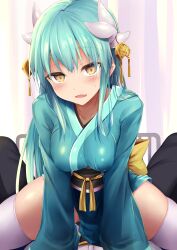 Rule 34 | 1boy, 1girl, blush, breasts, dragon girl, dragon horns, fate/grand order, fate (series), fujimaru ritsuka (male), green hair, green kimono, highres, horns, japanese clothes, kimono, kiyohime (fate), long hair, long sleeves, looking at viewer, medium breasts, multiple horns, obi, open mouth, sash, sen (astronomy), sitting, sitting on person, smile, thighhighs, thighs, white thighhighs, wide sleeves, yellow eyes