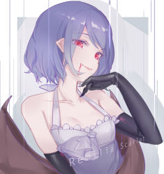 Rule 34 | 1girl, alternate costume, bat wings, blood, blood from mouth, character name, dress, elbow gloves, fang, fang out, gloves, lips, neizang, no headwear, pointy ears, portrait, purple hair, red eyes, remilia scarlet, short hair, sleeveless, sleeveless dress, smile, solo, touhou, wings