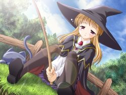 Rule 34 | 1girl, blonde hair, blush, cape, cat, fishing, fishing line, fishing rod, game cg, hat, outdoors, pantyhose, purple eyes, sky, sleepy, solo, tagme, witch, witch hat