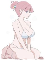 Rule 34 | 1girl, alternate hairstyle, artist request, bikini, blue eyes, bocchi the rock!, breasts, cleavage, female focus, gotoh hitori, hair ornament, jacket, large breasts, legs, looking at viewer, looking to the side, pink hair, pink track suit, simple background, sitting, solo, sweat, swimsuit, thick thighs, thighs, track jacket, unworn jacket, white background, white bikini