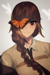 Rule 34 | 1girl, black jacket, black necktie, braid, brown eyes, brown hair, bug, butterfly, closed mouth, eyepatch, girls&#039; frontline, highres, insect, jacket, long hair, looking at viewer, m16a1 (girls&#039; frontline), mole, mole under eye, multicolored hair, necktie, scar, shirt, simple background, smile, solo, xanax025, yellow shirt