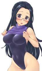Rule 34 | 1girl, aimobake, bad id, bad twitter id, bespectacled, black hair, black one-piece swimsuit, breasts, clothes lift, commentary request, covered navel, cowboy shot, egami tsubaki, glasses, head tilt, highleg, highleg swimsuit, highres, idolmaster, idolmaster cinderella girls, large breasts, lifting own clothes, long hair, looking at viewer, one-piece swimsuit, open mouth, purple eyes, purple shirt, red-framed eyewear, semi-rimless eyewear, shirt, shirt lift, simple background, solo, standing, swimsuit, turtleneck, under-rim eyewear, white background
