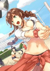 Rule 34 | 3girls, abo (hechouchou), agano (kancolle), alternate costume, ball, beach, beach volleyball, beachball, bikini, black hair, braid, breasts, brown hair, cleavage, cloud, day, hair ribbon, highres, kantai collection, large breasts, long hair, multiple girls, navel, noshiro (kancolle), one-piece swimsuit, open mouth, out of frame, outdoors, ponytail, purple hair, ribbon, sakawa (kancolle), sand, shirt, short hair, shorts, sky, swimsuit, tied shirt, twin braids, volleyball, volleyball (object), yahagi (kancolle)