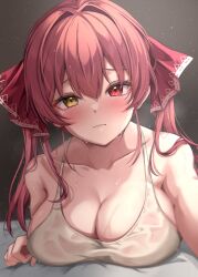 Rule 34 | 1girl, alternate costume, bare shoulders, blush, breasts, casual, cleavage, closed mouth, collarbone, hair between eyes, heterochromia, highres, hololive, houshou marine, large breasts, light frown, long hair, looking at viewer, reaching, reaching towards viewer, red eyes, red hair, selfie, shirt, solo, sweat, takuty, tank top, twintails, upper body, virtual youtuber, wet, wet clothes, wet shirt, yellow eyes