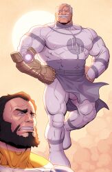 Rule 34 | 2boys, absurdres, adam&#039;s apple, bald spot, bara, black hair, bulge peek, comic panel redraw, commission, conquest (invincible), covered erect nipples, derivative work, floating, full body, grin, hands on own hips, highres, huge pectorals, invincible (series), levitation, male focus, mature male, multiple boys, muscular, muscular male, mustache, pelvic curtain, scar, scar across eye, scar on head, second-party source, short hair, smile, solo focus, strongman waist, superhero costume, sweatdrop, the immortal (invincible), thick eyebrows, thick mustache, thick thighs, thighs, wind, wrinkled skin, zelo-lee