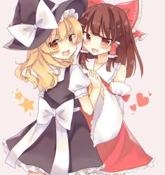 Rule 34 | &gt;:d, 2girls, :d, ascot, bad id, bad twitter id, blonde hair, blush, bow, brown hair, detached sleeves, fang, hair bow, hair tubes, hakurei reimu, hat, heart, highres, holding hands, interlocked fingers, kirisame marisa, large bow, long hair, looking at viewer, multiple girls, open mouth, rbtt, red eyes, skirt, skirt set, smile, sparkle, star (symbol), touhou, tsurime, v-shaped eyebrows, vest, witch hat, yellow ascot, yellow eyes, yuri