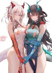 Rule 34 | 2girls, ;d, arknights, arm tattoo, asymmetrical docking, bar censor, bare shoulders, black hair, braid, breast press, breasts, censored, china dress, chinese clothes, clenched teeth, colored skin, covered navel, cowboy shot, dragon horns, dragon tail, dress, dusk (arknights), dusk (everything is a miracle) (arknights), earrings, folded ponytail, green hair, green skin, hand on another&#039;s shoulder, highres, holding hands, horns, jewelry, long hair, multicolored hair, multiple girls, nian (arknights), nian (unfettered freedom) (arknights), nipples, no panties, official alternate costume, one eye closed, open mouth, parted lips, pelvic curtain, pointy ears, purple eyes, pussy, red eyes, red skin, revision, ru zhai, siblings, simple background, sisters, sleeveless, sleeveless dress, small breasts, smile, streaked hair, tail, tassel, tassel earrings, tattoo, teeth, thighs, torn clothes, torn dress, white background, white dress, white hair