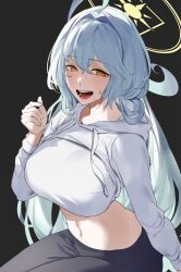 Rule 34 | 1girl, ahoge, black background, black pants, blue archive, blue hair, breasts, halo, hood, hoodie, jacket, joacy, large breasts, long hair, long sleeves, looking at viewer, navel, open clothes, pants, simple background, sitting, smile, solo, white jacket, yellow eyes, yellow halo, yume (blue archive)
