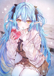 Rule 34 | 1girl, absurdres, ahoge, alternate costume, black bow, black bowtie, blue hair, blue nails, blush, bow, bowtie, breasts, candy, chocolate, chocolate heart, collarbone, commentary, dress, finger to mouth, food, gift, heart, heart ahoge, highres, hololive, jacket, long hair, looking at viewer, medium breasts, mito soosu, pantyhose, parted lips, plaid, plaid dress, pointy ears, snow, solo, symbol-only commentary, two side up, very long hair, virtual youtuber, white jacket, white pantyhose, yellow eyes, yukihana lamy