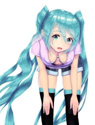 Rule 34 | 00s, 1girl, aqua eyes, aqua hair, artist name, blush, bra, breasts, cleavage, downblouse, extended downblouse, hands on legs, hatsune miku, highres, koba (furikake-p), leaning forward, long hair, looking at viewer, matching hair/eyes, medium breasts, navel, open mouth, shorts, simple background, solo, standing, tattoo, thighhighs, twintails, underwear, vocaloid, white background