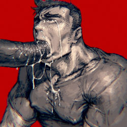 Rule 34 | 2boys, bara, character request, copyright request, cum, drooling, erection, huge penis, lowres, male focus, multiple boys, muscular, pectorals, penis, rokudenashi, saliva, tears, yaoi