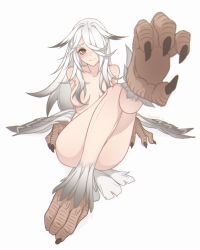 Rule 34 | 1girl, animal feet, animal hands, artist name, ass, black hair, blush, breasts, claws, convenient censoring, convenient leg, feathers, hair censor, hair over one eye, harpy, highres, long hair, medium breasts, monster girl, multicolored hair, original, red eyes, shinbun n, simple background, solo, streaked hair, talons, very long hair, white background, white feathers, white hair, winged arms, wings