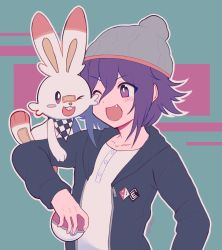 Rule 34 | 1boy, :d, ;d, alternate costume, black jacket, blush, cele (310v3), checkered clothes, checkered scarf, collarbone, commentary, creatures (company), crossover, danganronpa (series), danganronpa v3: killing harmony, fang, game freak, gen 8 pokemon, green background, hat, highres, holding, holding poke ball, hood, hood down, hooded jacket, jacket, long sleeves, male focus, nintendo, oma kokichi, one eye closed, open clothes, open jacket, open mouth, outline, poke ball, pokemon, pokemon (creature), pokemon swsh, purple eyes, purple hair, red background, scarf, scorbunny, shirt, smile, upper body, white shirt