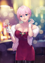 Rule 34 | 1girl, :d, absurdres, akitsuki (oenothera), alcohol, alternate costume, bare shoulders, bell, black pantyhose, blue eyes, blurry, blurry background, blush, breasts, champagne, cherry, christmas, cleavage, collarbone, commentary request, cup, dress, food, formal, fruit, gloves, go-toubun no hanayome, hair between eyes, highres, holding, holding cup, holly, indoors, jingle bell, large breasts, light particles, looking at viewer, nakano ichika, nose blush, open mouth, pantyhose, pink hair, red dress, short hair, smile, solo, sparkle, strapless, strapless dress, table, taut clothes, taut dress, white gloves
