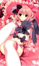 Rule 34 | 1girl, beads, bed, blanket, blush, bow, bra, bracelet, character request, fingerless gloves, flower, frilled pillow, frills, gem, gloves, hair bow, hair ornament, highres, jewelry, lingerie, navel, panties, pillow, pink hair, rabbit, red eyes, rose, solo, striped bra, striped clothes, stuffed animal, stuffed rabbit, stuffed toy, suzuhira hiro, thighhighs, toy, underwear, underwear only, vertical-striped bra, vertical-striped clothes