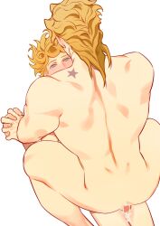 Rule 34 | 2boys, absurdres, anal, ass, back, birthmark, blonde hair, blush, commentary, completely nude, cowgirl position, cum, cum in ass, cum overflow, dio brando, father and son, giorno giovanna, green eyes, highres, holding hands, huang lia, incest, interlocked fingers, joestar birthmark, jojo no kimyou na bouken, long hair, lying, male focus, male penetrated, multiple boys, muscular, muscular male, nude, penis, sex, simple background, size difference, straddling, thighs, vento aureo, white background, yaoi