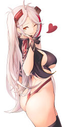 Rule 34 | 1girl, ass, azur lane, blowing kiss, breasts, clothing cutout, cropped shirt, earpiece, earrings, from side, gloves, half gloves, headgear, heart, highres, jacket, jewelry, large breasts, long hair, midriff, mole, mole on breast, multicolored hair, official alternate costume, one eye closed, open clothes, open jacket, panties, prinz eugen (azur lane), prinz eugen (final lap) (azur lane), purple jacket, race queen, red hair, red panties, simple background, solo, standing, streaked hair, thighhighs, two-tone hair, underboob, underboob cutout, underwear, very long hair, white background, white hair, yellow eyes, yusha m, zettai ryouiki