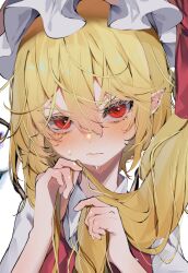 Rule 34 | absurdres, blonde hair, blush, flandre scarlet, glowing, glowing wings, hair between eyes, hand in own hair, hat, highres, holding, holding own hair, long hair, looking at viewer, mob cap, pointy ears, red hair, red vest, shirt, solo, sweatdrop, touhou, tsune (tune), upper body, vest, white background, white shirt, wings