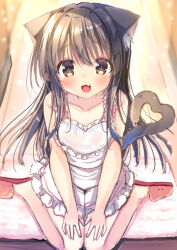 Rule 34 | 1girl, :d, absurdres, animal ear fluff, animal ears, bare arms, bare shoulders, black hair, blush, brown eyes, brown footwear, cat ears, cat girl, cat tail, collarbone, commentary request, dress, fang, frilled dress, frills, hair between eyes, heart, heart tail, highres, looking at viewer, neko pan, open mouth, original, sitting, sleeveless, sleeveless dress, slippers, smile, solo, tail, wariza, white dress