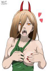 Rule 34 | 1girl, absurdres, breasts, chainsaw man, covered erect nipples, denji (chainsaw man), dress, green dress, heart, highres, horns, medium breasts, nail polish, power, saliva, solo, tongue, tongue out, wet