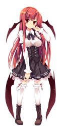 Rule 34 | 1girl, adapted costume, bat wings, blush, boots, breasts, cross-laced footwear, full body, head wings, highres, koakuma, long hair, long sleeves, looking at viewer, maturiuta sorato, red eyes, red hair, solo, standing, thighhighs, touhou, underbust, white thighhighs, wings
