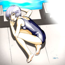 Rule 34 | 1girl, ayanami rei, bare shoulders, barefoot, blue hair, feet, from above, lying, minazuki juuzou, neon genesis evangelion, on side, one-piece swimsuit, open mouth, poolside, red eyes, school swimsuit, short hair, soles, solo, swimsuit, toes