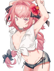 Rule 34 | 1boy, armpits, arms up, astolfo (fate), astolfo (sugar vacation) (fate), black bow, bow, braid, commentary request, fate/grand order, fate (series), flower, hair bow, hair flower, hair ornament, highres, long hair, looking at viewer, male focus, midriff, mihatarou, navel, nipples, official alternate costume, pink eyes, short shorts, shorts, simple background, single braid, solo, trap, white background