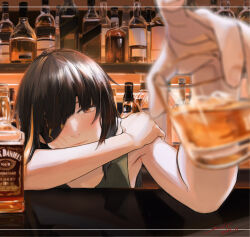 Rule 34 | 1girl, alcohol, ashiran, bar (place), black hair, blurry, blurry foreground, blush, closed mouth, commentary, dated, eyepatch, foreshortening, girls&#039; frontline, green tank top, highres, indoors, jack daniel&#039;s, light particles, long hair, looking at viewer, m16a1 (girls&#039; frontline), multicolored hair, one eye covered, orange eyes, orange hair, reaching, reaching towards viewer, scar, scar on face, signature, solo, streaked hair, tank top, upper body, whiskey