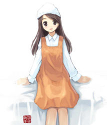 Rule 34 | 1girl, :d, apron, arms at sides, bed, bed sheet, blush, brown eyes, brown hair, collared shirt, dress shirt, head scarf, long hair, long sleeves, looking at viewer, lowres, on bed, open mouth, original, senji (tegone spike), shirt, smile, solo, white shirt