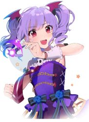 Rule 34 | 1girl, bad id, bad twitter id, bang dream!, black bow, blue flower, blue rose, blush, bow, breasts, dress, drill hair, fang, flower, highres, kongya, looking at viewer, nervous smile, open mouth, pink eyes, purple dress, purple hair, rose, short hair, small breasts, smile, solo, star (symbol), twin drills, udagawa ako, wrist cuffs