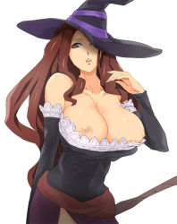 Rule 34 | 1girl, bare shoulders, breasts, broom, brown eyes, cleavage, detached sleeves, dragon&#039;s crown, dress, hamushima, hat, hat over one eye, huge breasts, large breasts, nipples, one eye covered, simple background, solo, sorceress (dragon&#039;s crown), staff, strapless, strapless dress, vanillaware, weapon, witch hat