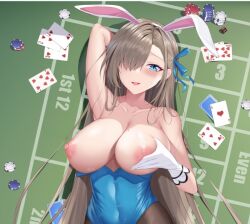 Rule 34 | 1girl, ace (playing card), ace of hearts, animal ear headwear, animal ears, arm behind head, armpits, asuna (blue archive), asuna (bunny) (blue archive), blue archive, blue eyes, blue leotard, blue ribbon, breasts, card, collarbone, dice, fake animal ears, feng mouren, five of hearts, four of hearts, gloves, grabbing own breast, hair over one eye, heart, large breasts, leotard, mole, mole on breast, nipples, pantyhose, playboy bunny, playing card, poker chip, ribbon, roulette table, seven of hearts, solo, table, ten of hearts, three of hearts, two of hearts, white gloves