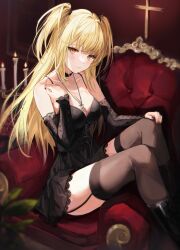 Rule 34 | 1girl, absurdres, amane misa, bare shoulders, black choker, black dress, black ribbon, blonde hair, boots, breasts, candle, choker, cleavage, commentary request, cross, death note, detached sleeves, dress, expressionless, from side, front-tie top, frown, garter straps, goth fashion, hand on own knee, hand up, highres, hum (ten ten), indoors, jewelry, knees up, lace, lace-trimmed dress, lace trim, long hair, looking at viewer, medium breasts, nail polish, necklace, on chair, red nails, ribbon, sitting sideways, solo, spaghetti strap, thighs, two side up, yellow eyes